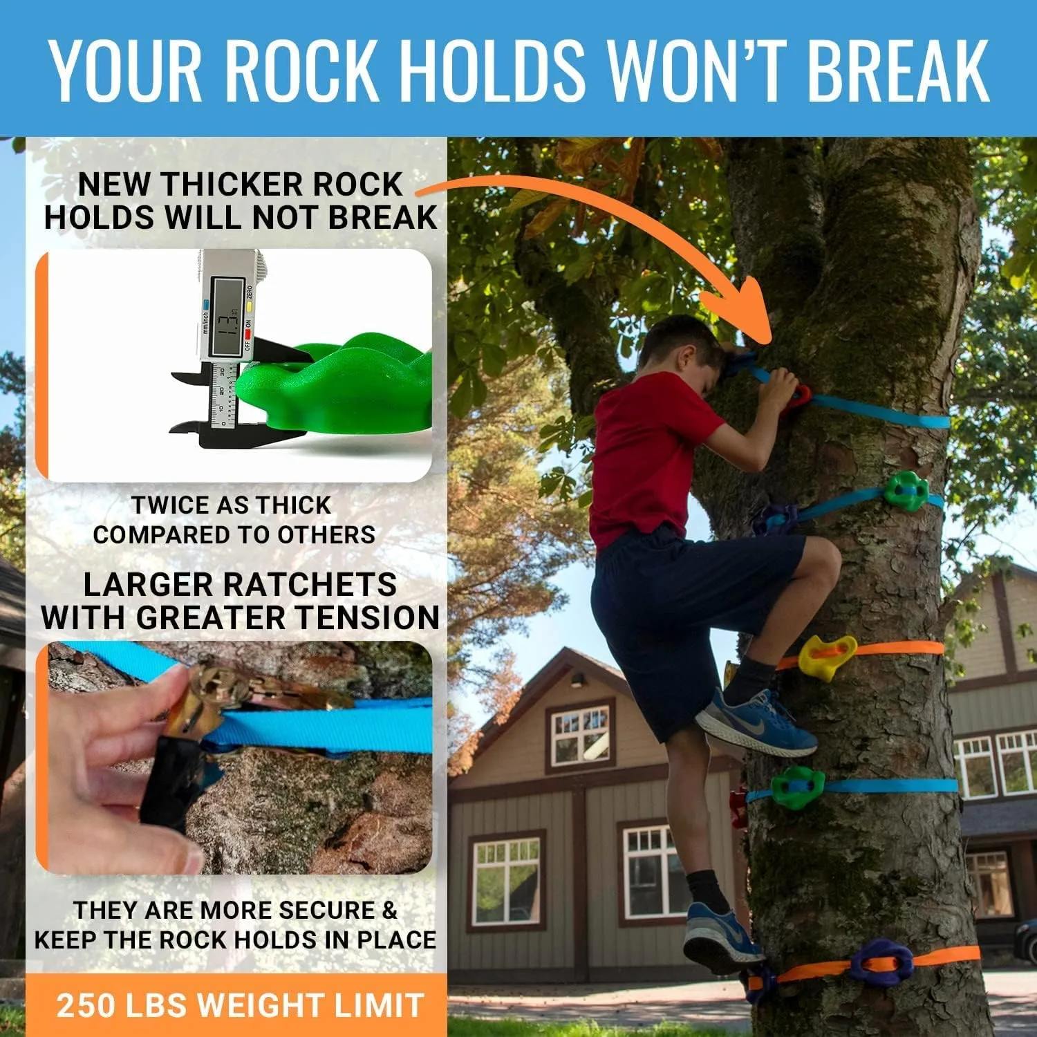 Ninja Tree Climbing Kit  16 Large Climbing Holds & 8 Ratchets, Quick 10-Minute Setup, Textured Grip, Safe for Kids 5-12, Black Design, Supports Up to 250lbs, Portable Carrying Bag, Outdoor Fun