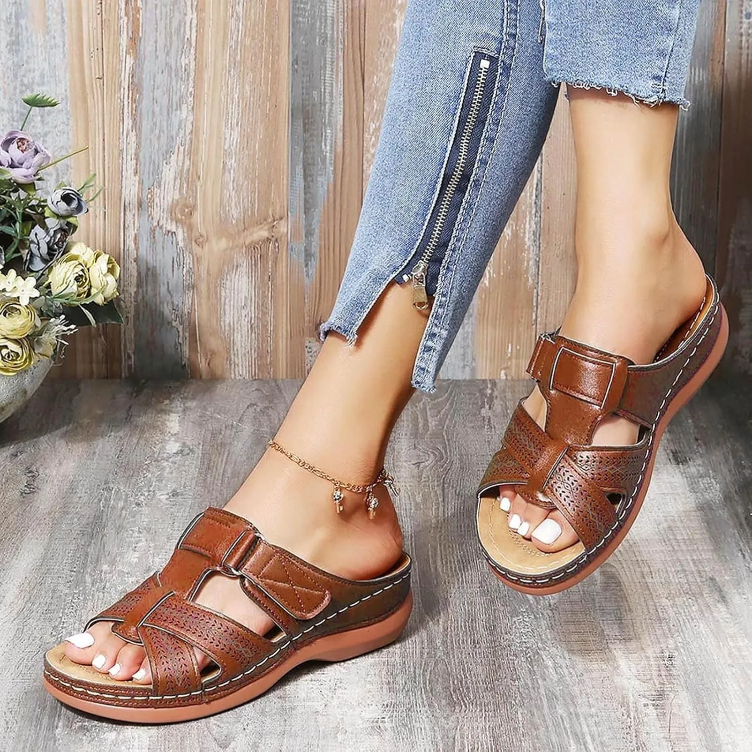 Orthopedic Sandals for Women Arch Support Slide Wedge Sandals Open Toe Slip On Platforms Comfortable Walking Shoes