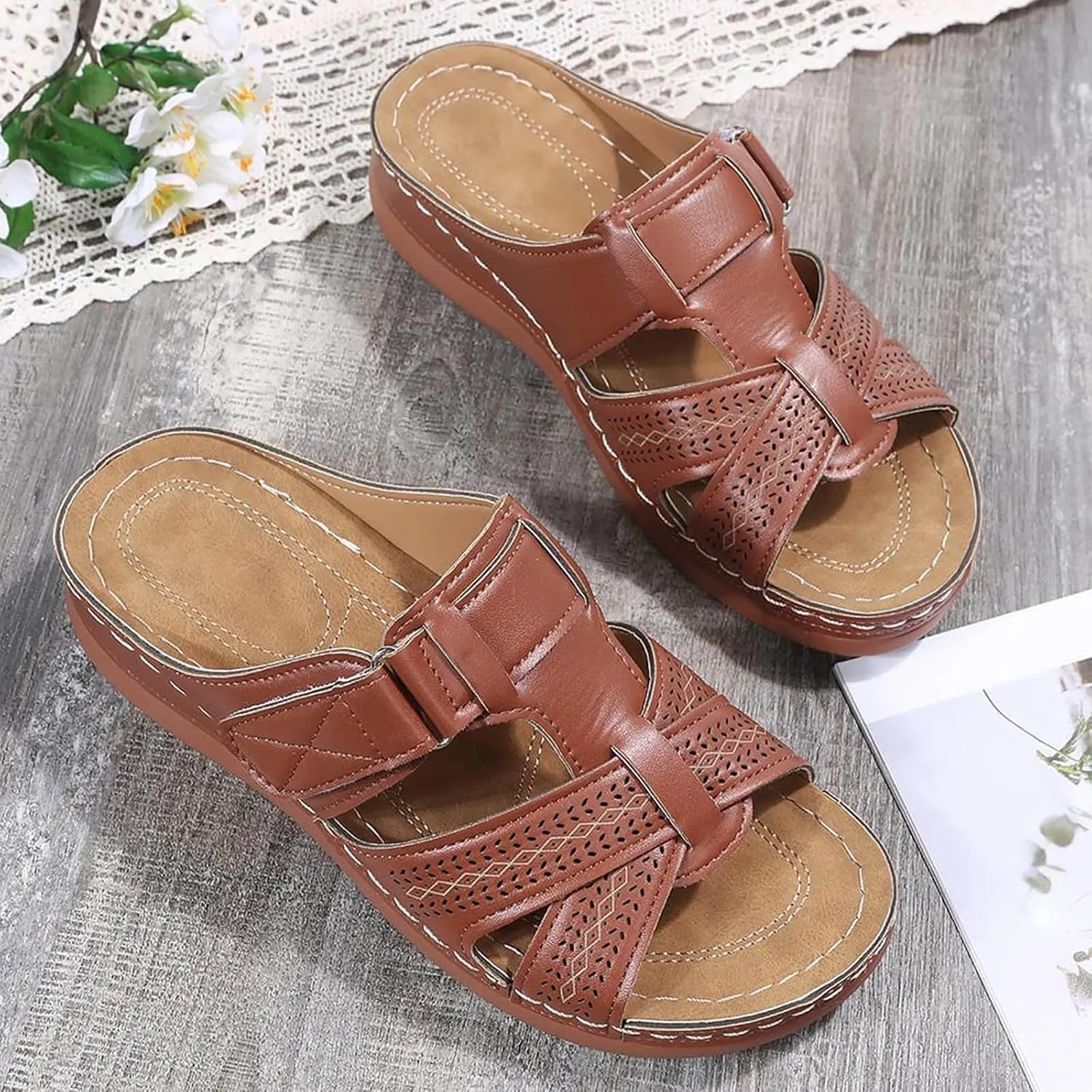 Orthopedic Sandals for Women Arch Support Slide Wedge Sandals Open Toe Slip On Platforms Comfortable Walking Shoes