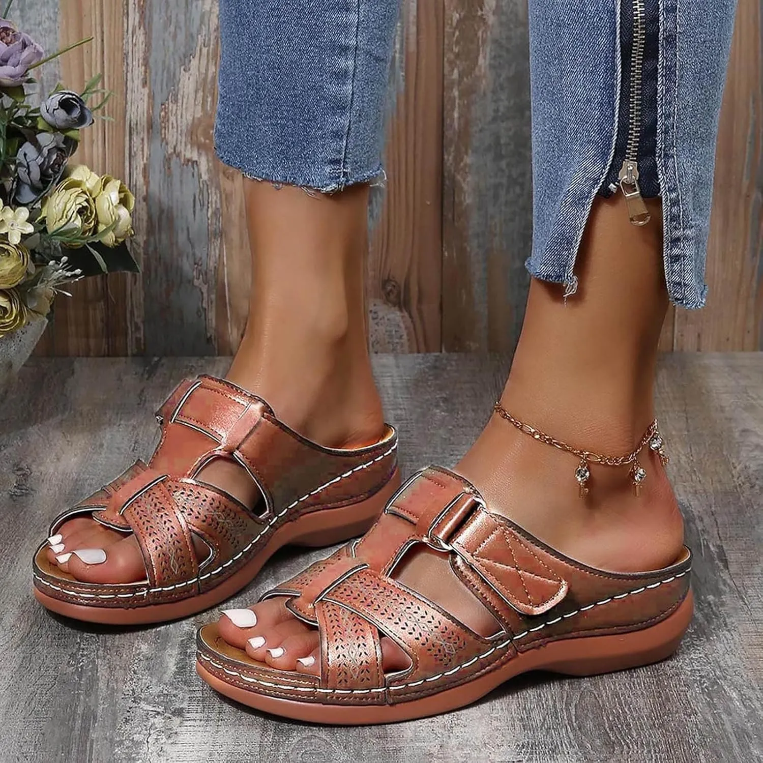 Orthopedic Sandals for Women Arch Support Slide Wedge Sandals Open Toe Slip On Platforms Comfortable Walking Shoes