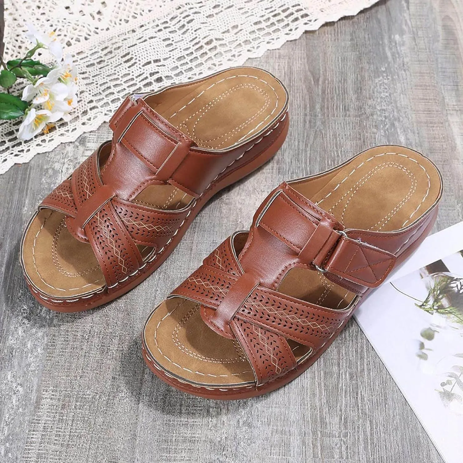 Orthopedic Sandals for Women Arch Support Slide Wedge Sandals Open Toe Slip On Platforms Comfortable Walking Shoes