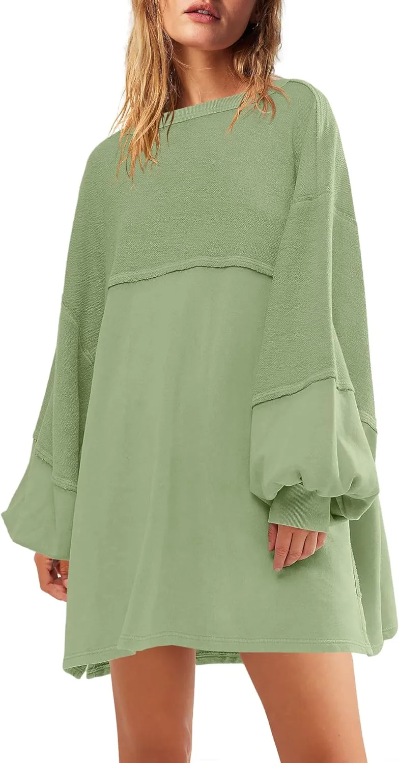 Panadila Womens Oversized Long Sleeve Patchwork Sweatshirt Dress Crewneck Tunic Sweatshirts Fall Loose Pullover Top