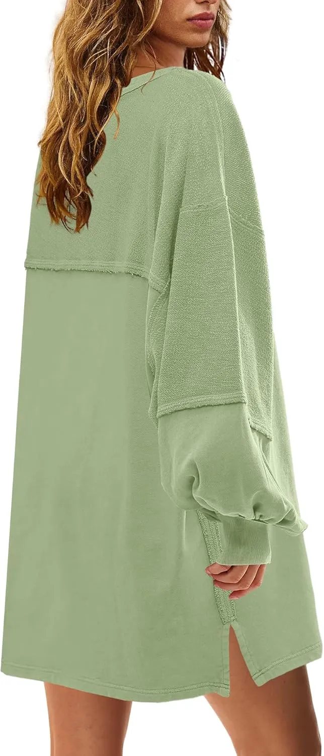 Panadila Womens Oversized Long Sleeve Patchwork Sweatshirt Dress Crewneck Tunic Sweatshirts Fall Loose Pullover Top