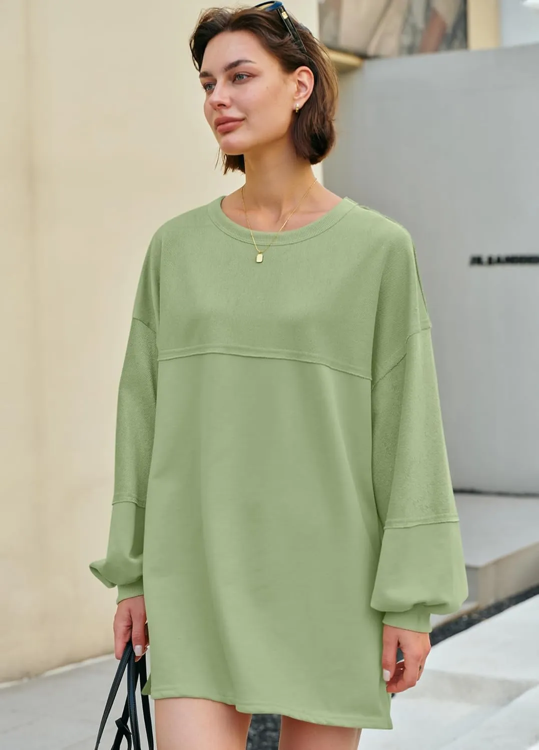 Panadila Womens Oversized Long Sleeve Patchwork Sweatshirt Dress Crewneck Tunic Sweatshirts Fall Loose Pullover Top