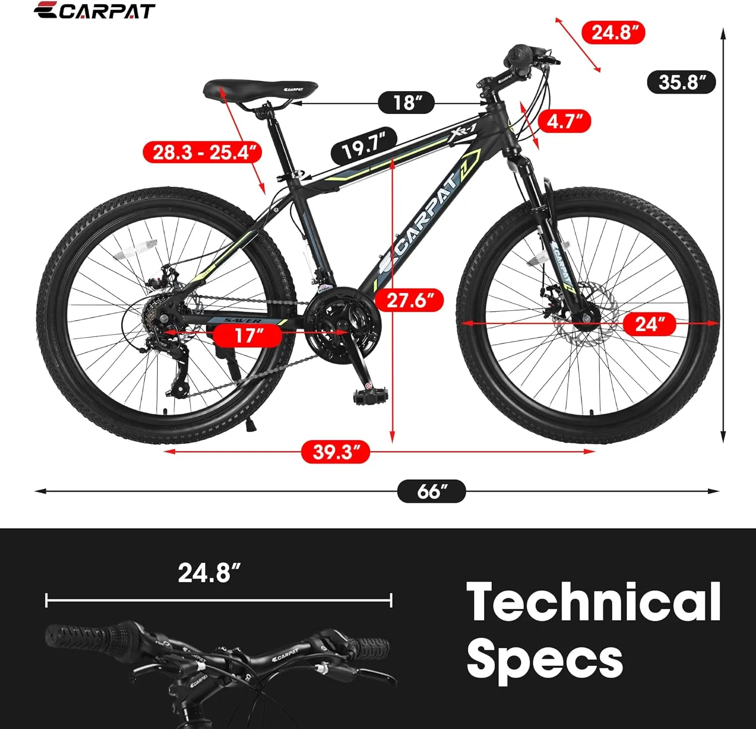 S24102 24 Inch Mountain Bike Boys Girls, Steel Frame 21 Speed Mountain Bicycle with Daul Disc Brakes and Front Suspension MTB