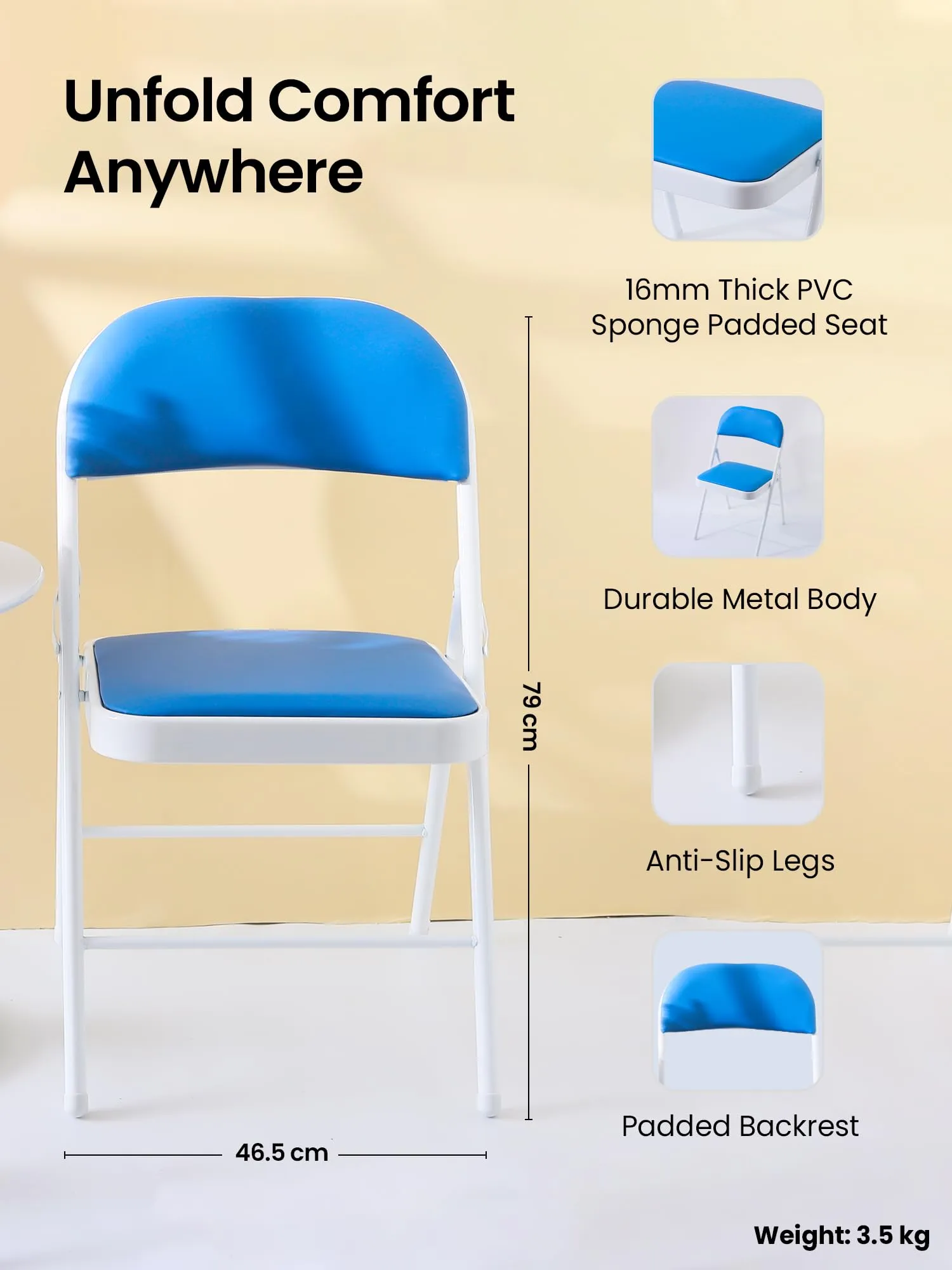 SAVYA HOME Folding Chair, Foldable Chair | Lightweight Portable Chair, Camping Chair, Outdoor Chair with Padded Backrest & Seat| Study Chair for Kids with Anti-Slip Legs & Footrest, Blue, 1