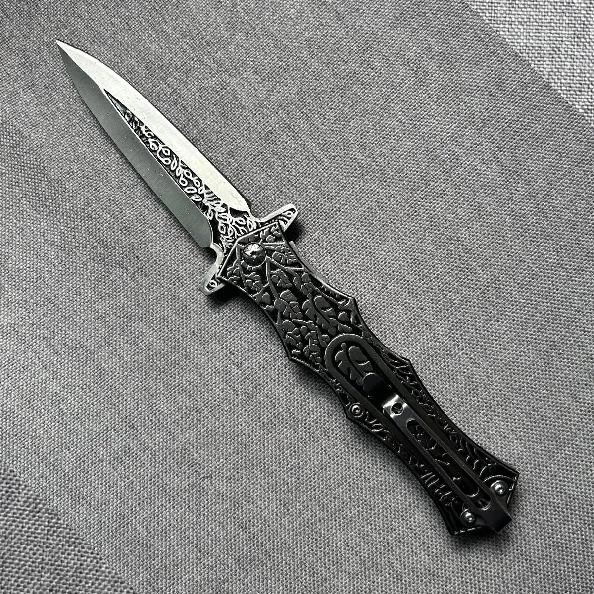 SELUCREH Folding Knife Stainless Steel Blade with 3D Retro Embossed Pattern, Pocket Clip for Men,Sharp Camping Survival Hiking Knives (Sword Type Black)