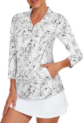 Viracy 3/4 Sleeve Womens Golf Shirts Quick Dry Quarter Zip Workout Tennis Polo Tops with Pocket