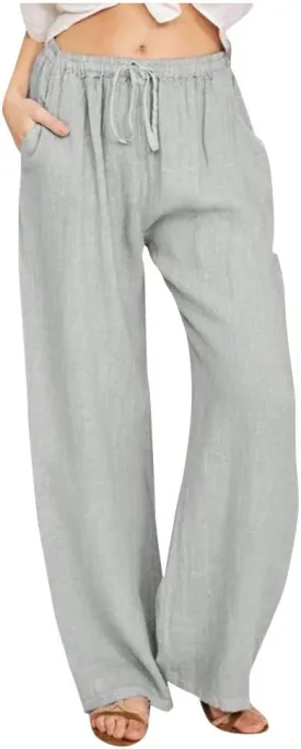Women's Cotton Linen Pants Summer Casual Wide Leg Pant Loose Drawstring High Waist Palazzo Trousers with Pockets