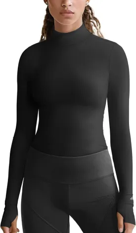 Zengjo Mock Neck Long Sleeve Workout Top, Thumb Hole Athletic Shirts for Women Running Yoga Lightweight Thermal Baselayer