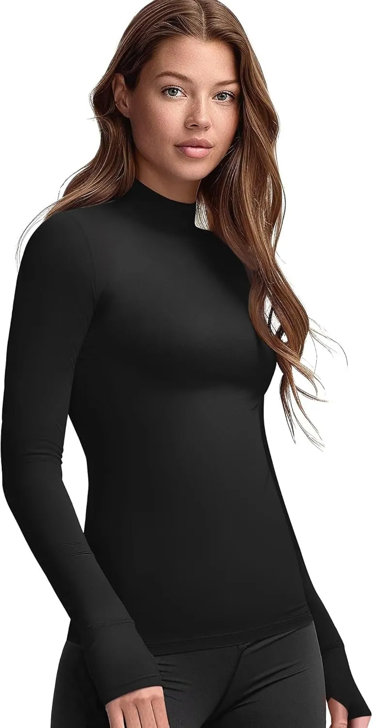 Zengjo Mock Neck Long Sleeve Workout Top, Thumb Hole Athletic Shirts for Women Running Yoga Lightweight Thermal Baselayer